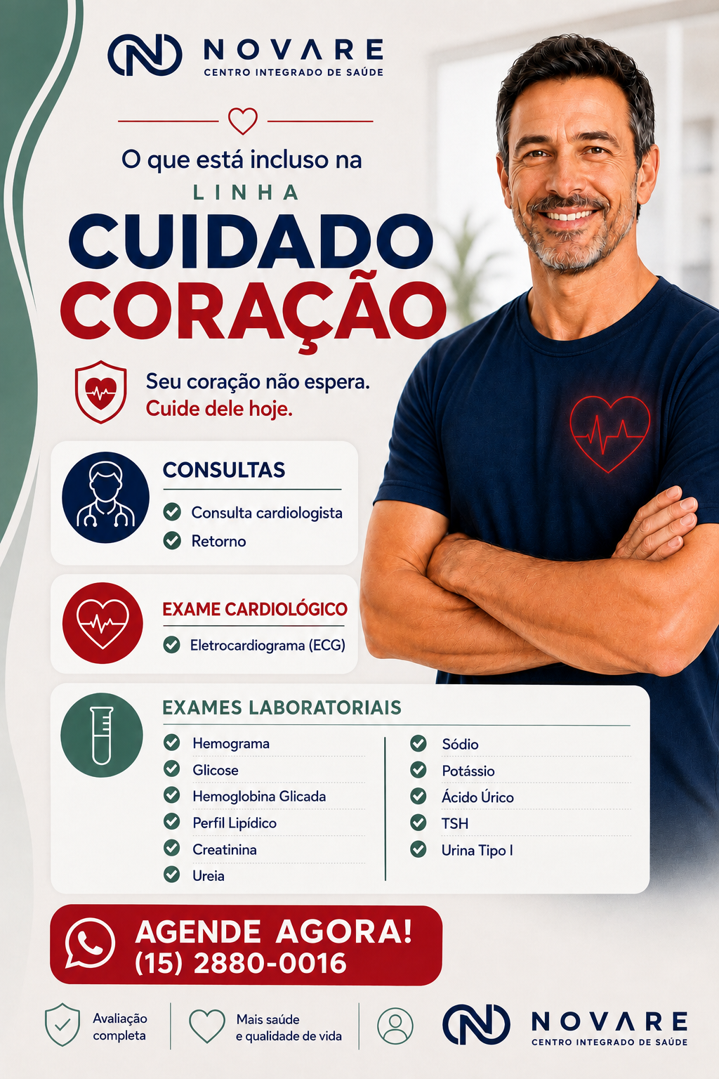 Resumo da Linha Cuidado Coração: consultas, ECG e exames laboratoriais — Saúde em Dia, Vila Velha/ES